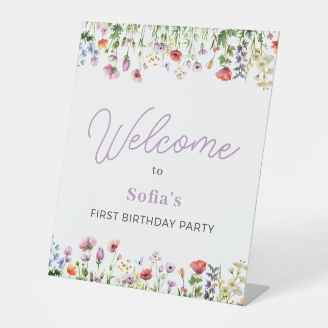 Expositor En L Wildflower Purple 1st Birthday Welcome Pedestal (Anverso)