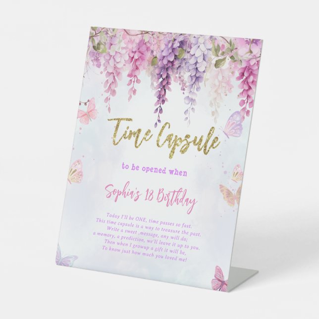 Expositor En L Wisteria Purpurina Mariposa Cápsula de Cumpleaños (Anverso)
