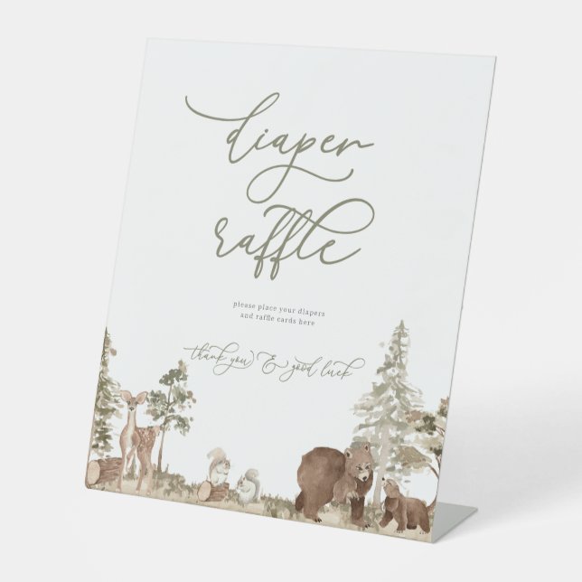 Expositor En L Woodland Diaper Raffle Rótulo Baby Shower (Anverso)
