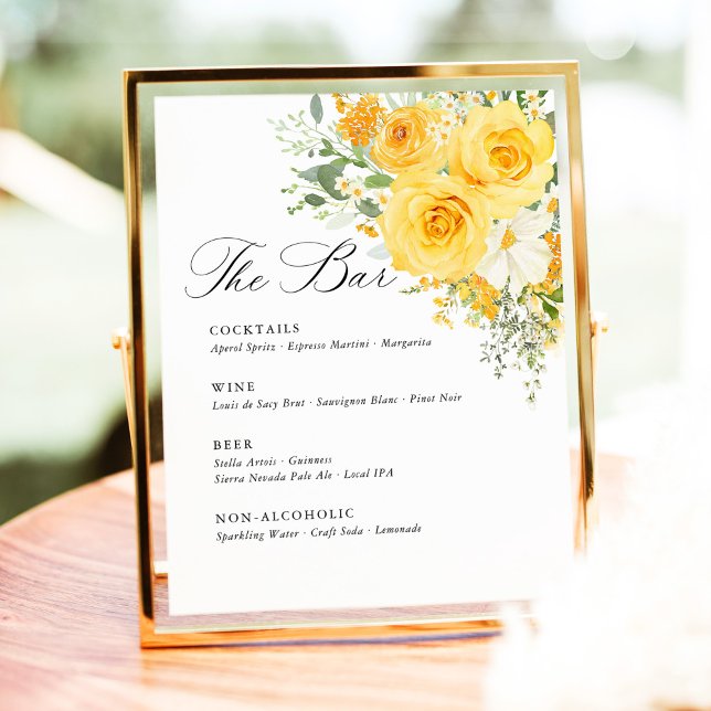 Expositor En L Yellow Floral Rose Wedding Bar Menu (Yellow rose floral wedding bar sign, drink menu wedding sign, yellow wedding stationery outdoor sign)