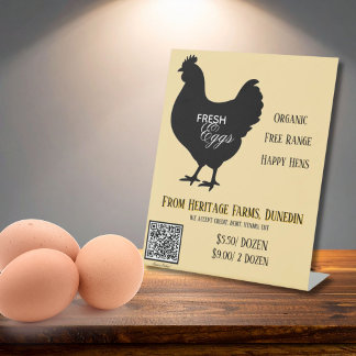 Expositor En L Yellow Fresh Eggs Farmer's Market Sign w/ QR Code