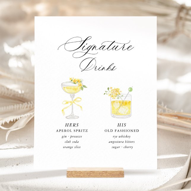 Expositor En L Yellow Signature Drinks Wedding (Yellow Floral Signature Drinks Wedding Sign, His & Hers Cocktail Menu, Romantic Garden Wedding Bar)