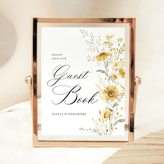 Expositor En L Yellow Wildflower Sunflower Guest Book Wedding (Yellow wildflower sunflower wedding guest book sign yellow floral wedding signage elegant table sign)
