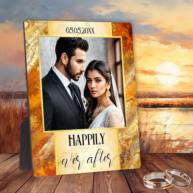 Expositora Elegante placa de Boda de mármol de oro (Wedding photo plaque featuring your photo on an artistic marble and gold design with a script text)
