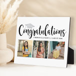 Expositora Felicidades Placa de Graduación Foto Silver 3<br><div class="desc">Una elegante placa de graduación con un titular de Felicidades en letra cursiva con un acento de gorra de graduación plateada, el nombre del graduado, año de clase y tres fotos de último año en un fondo blanco limpio. Un recuerdo refinado de mesa que hace un regalo de graduación considerado...</div>