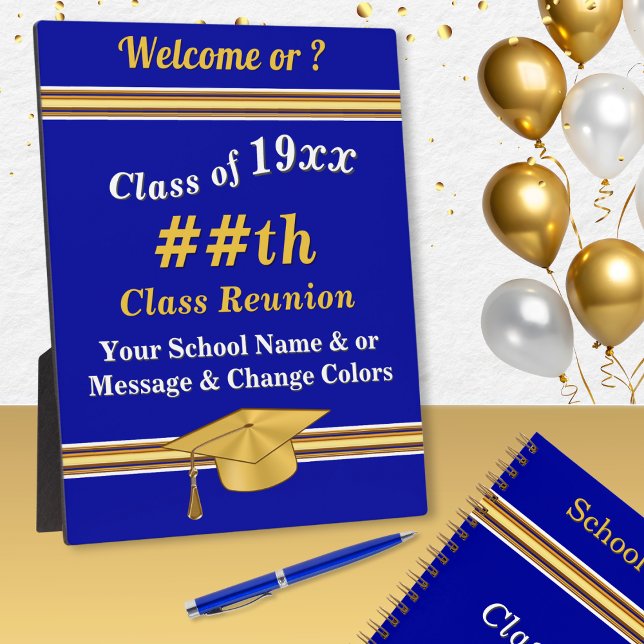 Expositora Letrero de Reunión de Clase Personalizable, Placa  (Class reunion welcome signs, Blue sna Gold, class reunion ideas. Class reunion party supplies, sign.)