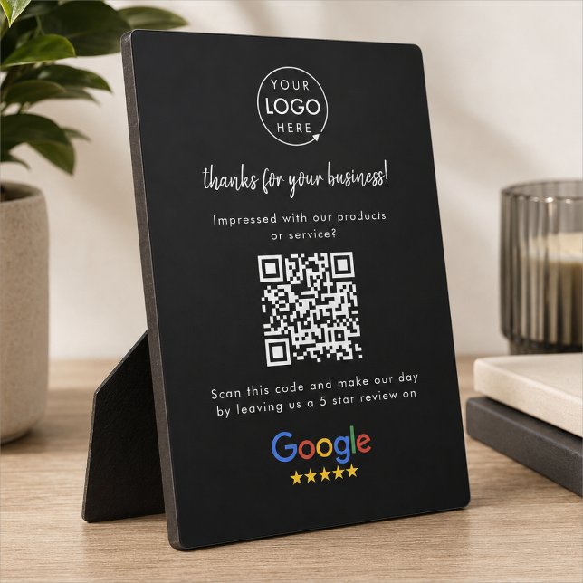 Expositora Letrero de Sobremesa | Placa de Código QR de Reseñ (Google Review interactive QR code tabletop easel plaque sign branded with your company logo.)