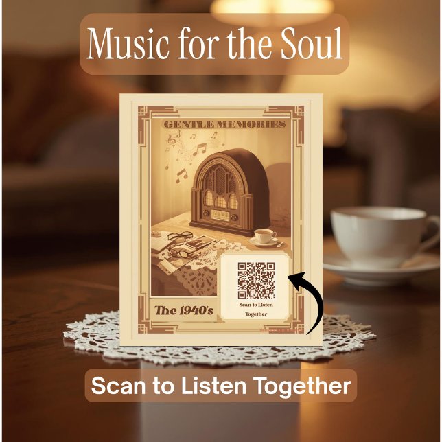 Expositora Placa de memoria de demencia con lista de reproduc (Help seniors connect with the past through a 1940s music therapy sign with a scannable Spotify code.)