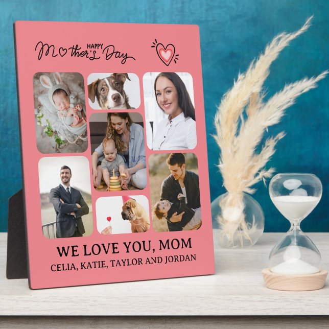 Expositora Regalo personalizado de placa fotográfica de mader (Personalized Mom's Day Gift: 7-Photo Collage Pink Plaque with Easel)