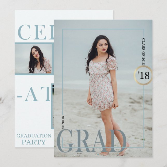 Exquisita invitación a graduación de gris azul (Anverso / Reverso)