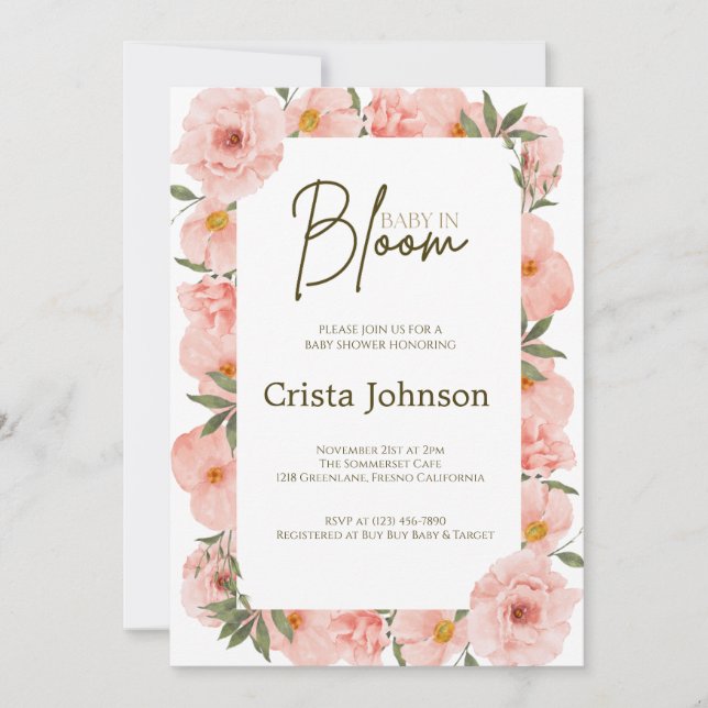 Exquisita invitación de Peach Floral a Baby Shower (Anverso)