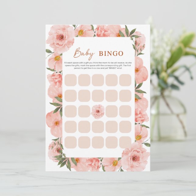 Exquisita tarjeta Peach Floral Baby Shower BINGO (Anverso de pie)