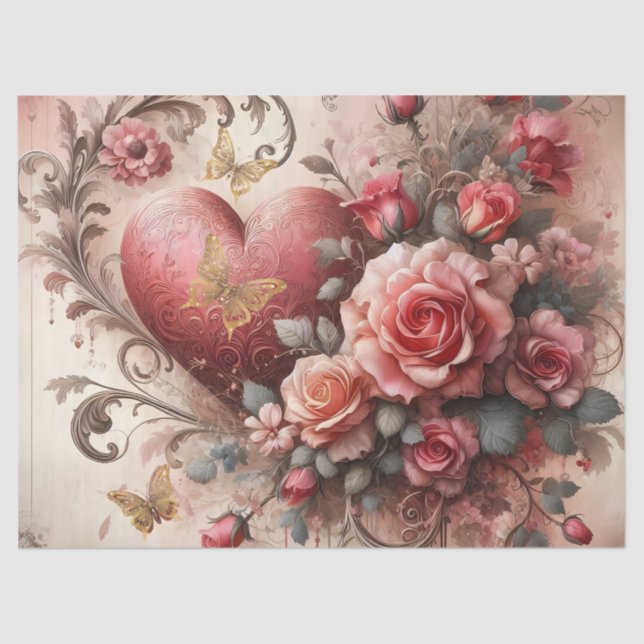 Exquisitas hojas de papel de tejido floral rosado  (Anverso)