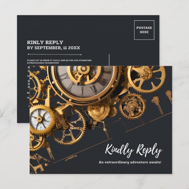 Extravagancia Steampunk Invitación RSVP de reloj v (Anverso / Reverso)