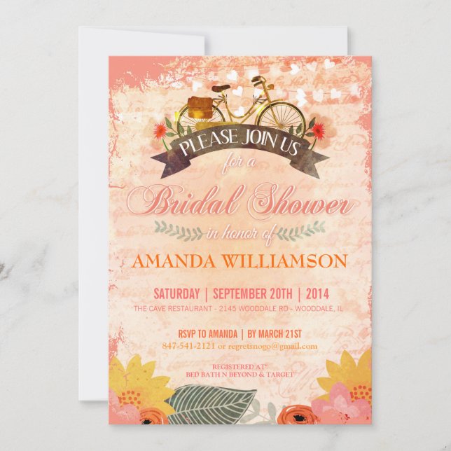 Extravagante invitación a ducha de novia en bicicl (Anverso)
