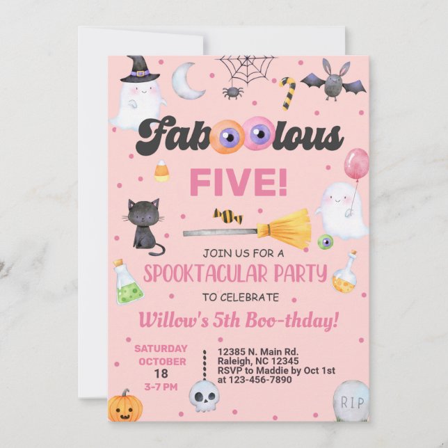 Fa-boo-lous Halloween chica cumpleaños invitación  (Anverso)