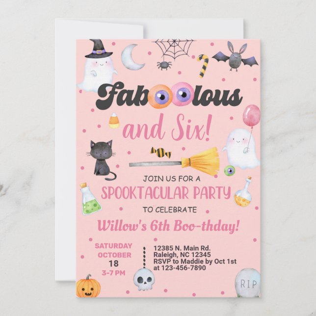 Fa-boo-lous Halloween chica cumpleaños invitación  (Anverso)