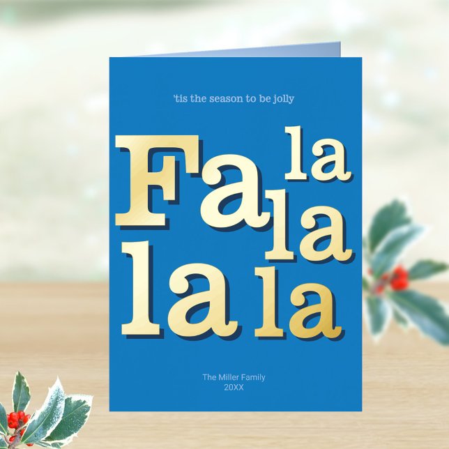 Fa Moderna La Sky Azul Simple Moda Mínima Oro (Folded blue Christmas cards with real gold foil accents and a bold typography design)