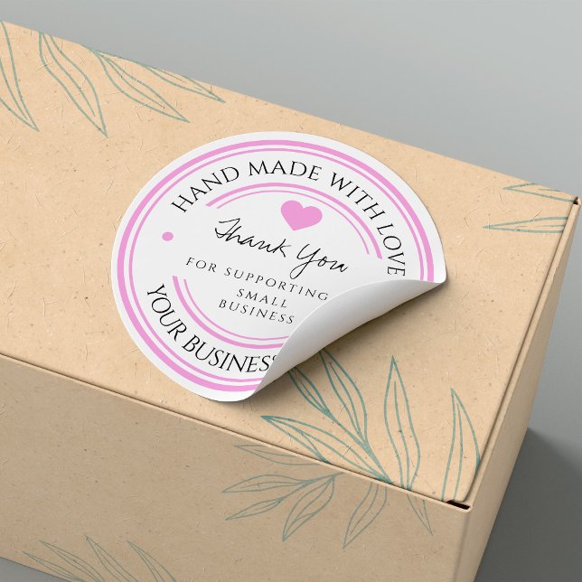 fabricado a mano con amor | gracias pegatina rosa  (handmade with love | thank you Classic Round Sticker. #pinkthankyou #supportbusiness #modern #simple)