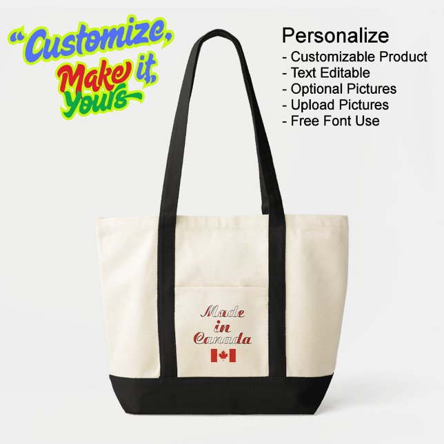 Fabricado en Canadá con Bolsa de Tote Natural y Ne (Made in Canada Natural & Black Tote Bag - Personalize, Customizable & Text Editable.)