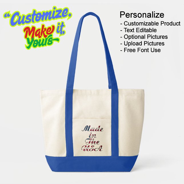 Fabricado en la Bolsa de Tote Natural y Azul de lo (Made in The USA Natural & Blue Impulse Tote Bag - Personalize, Customizable & Text Editable.)