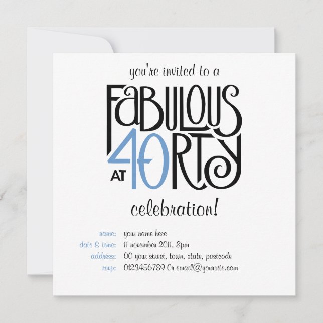Fabulosa invitación de cumpleaños azul negro 40 (Anverso)