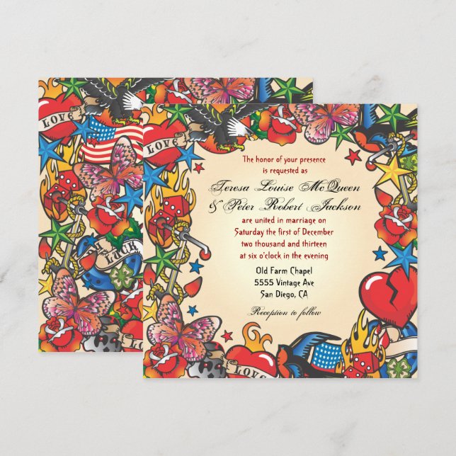 Fabulosas invitaciones a la boda del tatuaje (Anverso / Reverso)