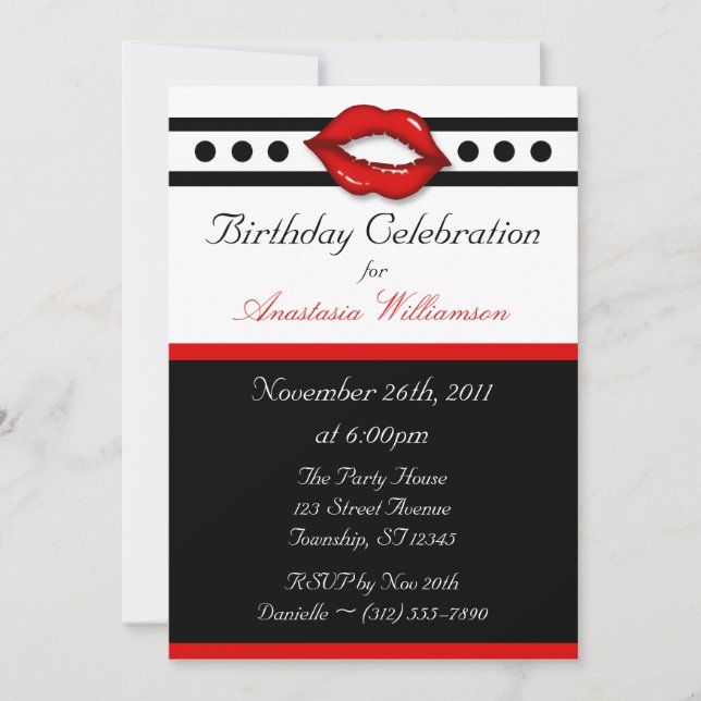 Fabulosas invitaciones de cumpleaños del Beso Rojo (Anverso)