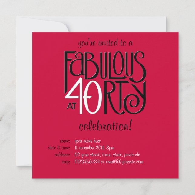 Fabuloso 40 invitaciones de cumpleaños rojas blanc (Anverso)