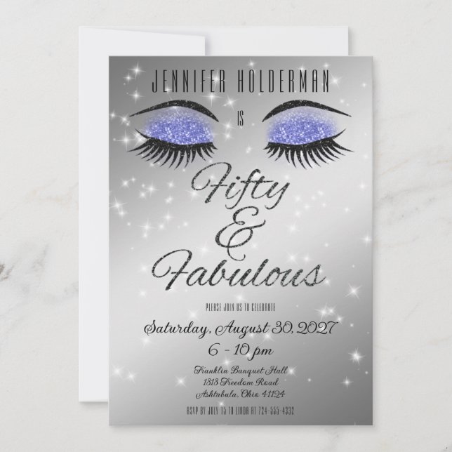 Fabuloso 50 Black Periwinkle Glam Eyes Invitación (Anverso)
