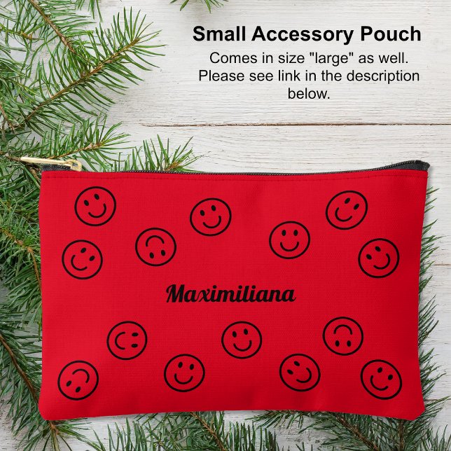 Faces Black en la bolsa accesoria Red-SMALL (Small Accessory Pouch - Happy Faces Black on Red by Leapfroglisics Shop)