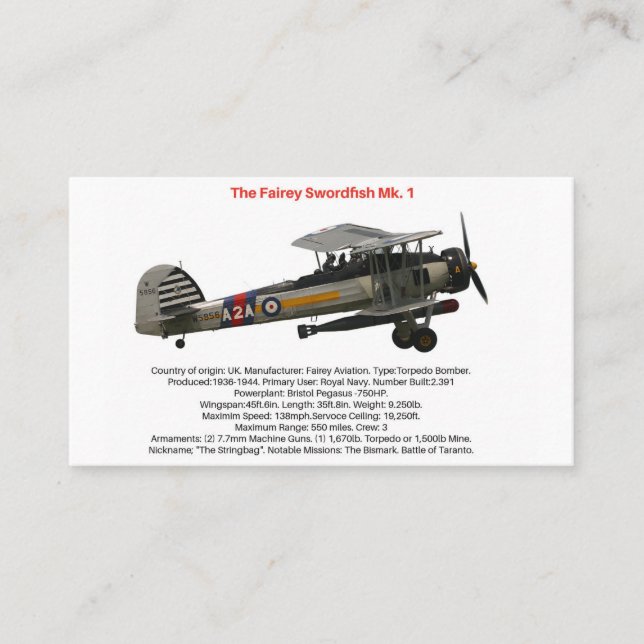 Fairey Swordfish Mk.1 Tarjeta de presentación (Anverso)