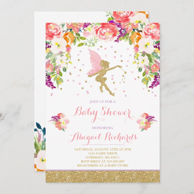 Fairy Baby Shower Invitación Floral Fairy Shower (Anverso / Reverso)