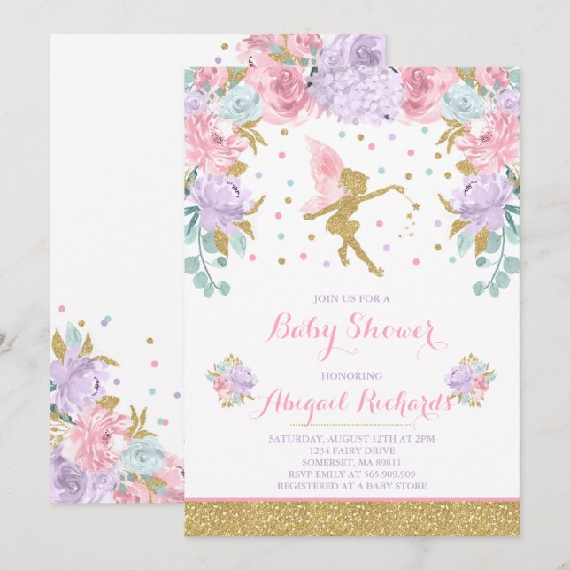 Fairy Baby Shower Invitación Floral Fairy Shower (Anverso / Reverso)