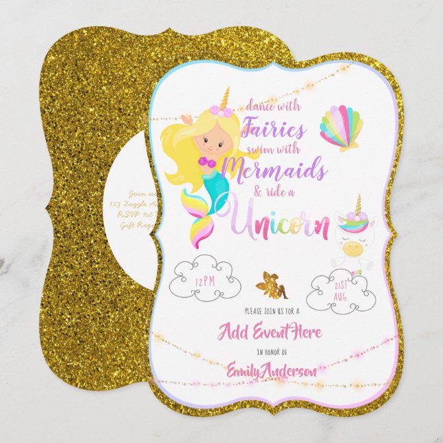 Fairy Mermaid Unicorn Invitaciones a Purpurina de  (Anverso / Reverso)