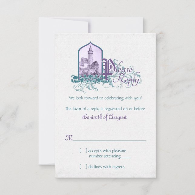 Fairytale Castillo Verde azulado Púrpura Boda RSVP (Anverso)