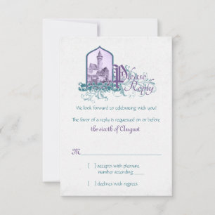 Fairytale Castillo Verde azulado Púrpura Boda RSVP