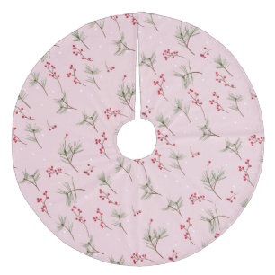 Falda Para El Árbol De Navidad De Forro Coralino Agujas de pino y Navidades Holly en rosa