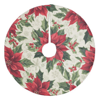 Falda Para El Árbol De Navidad De Forro Coralino Clásica Estrella Roja de Navidad Poinsettia Holly