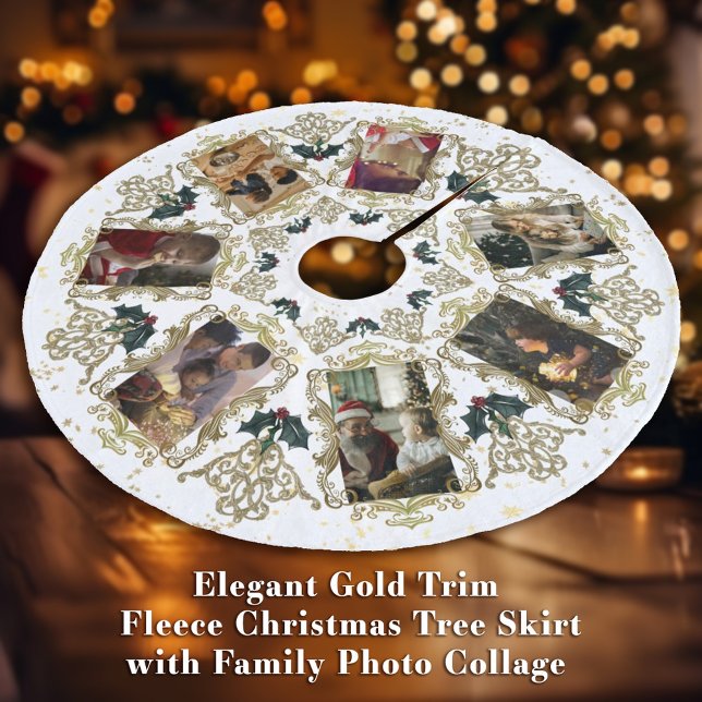 Falda Para El Árbol De Navidad De Forro Coralino Elegante Collage de fotos de Navidades de la famil (Elegant Gold Trim Fleece Christmas Tree Skirt with Family Photo Collage featuring 7 photos)