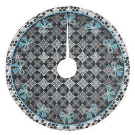 Falda Para El Árbol De Navidad De Forro Coralino Estrella Art Deco Flores Negro - Blanco con arcos 