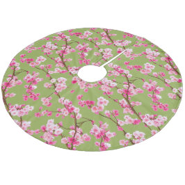 Falda Para El Árbol De Navidad De Forro Coralino Exquisitos cerezos florales en Chartreuse