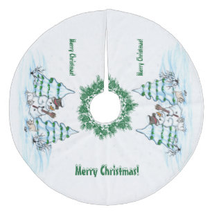 Falda Para El Árbol De Navidad De Forro Coralino ¡Feliz Navidad! Hombre de nieve con gato y cachorr