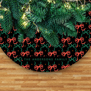 Falda Para El Árbol De Navidad De Forro Coralino Lazos de Coqueta de Rojo y Verde Festivo Patrón