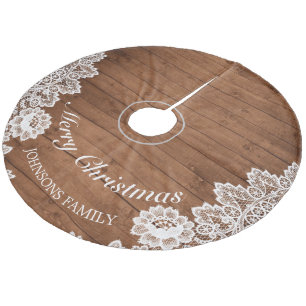 Falda Para El Árbol De Navidad De Forro Coralino Madera Rusa y Feliz Navidad Blanca