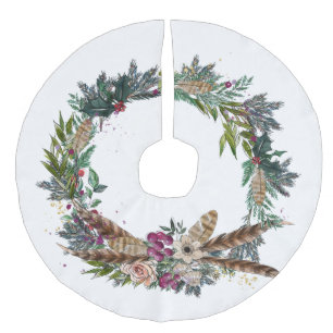 Falda Para El Árbol De Navidad De Lino Sintético Corona de Navidad del bosque con plumas