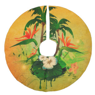 Falda Para El Árbol De Navidad De Lino Sintético Diseño tropical con las flores y las palmeras