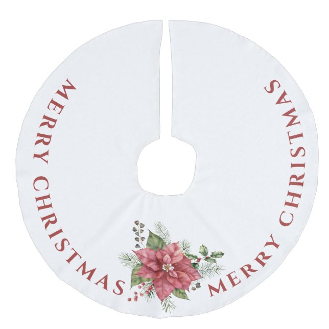 Falda Para El Árbol De Navidad De Lino Sintético Elegante Poinsettia Roja, Feliz Navidad (Anverso)