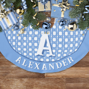 Falda Para El Árbol De Navidad De Lino Sintético Enrejado de caña Chinoiserie en azul personalizado