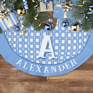 Falda Para El Árbol De Navidad De Lino Sintético Enrejado de caña Chinoiserie en azul personalizado